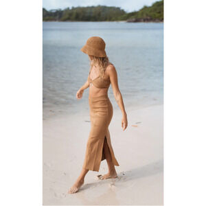 Arraei Arya Tan Ribbed Cotton Maxi Pencil Pull On Skirt